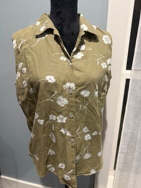 Lemon Grass Linen Cotton Sleeveless Sage Floral Button-Down Shirt Large